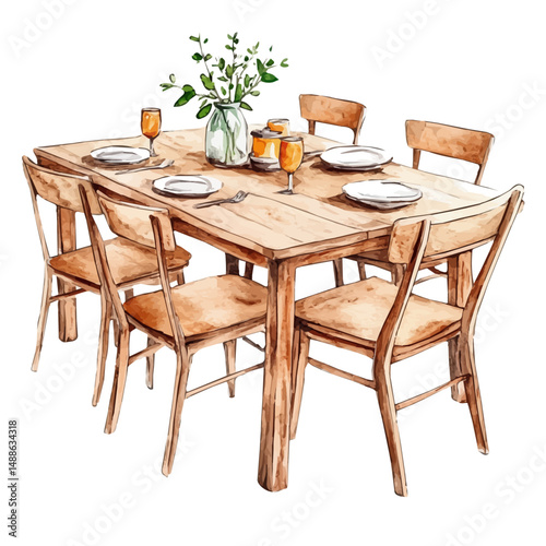 Wooden Dining Table Set For A Meal, watercolor vector, high quality, isolated on a white background.