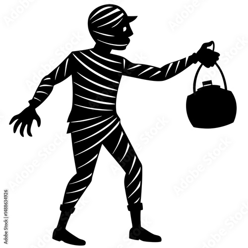 Mummy with trick or treat bag silhouette vector illustration