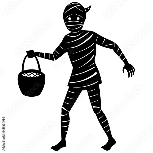 Mummy with trick or treat bag silhouette vector illustration