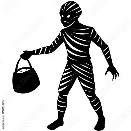 Mummy with trick or treat bag silhouette vector illustration