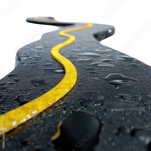Serpentine yellow line across slick, abstract road surface against black expanse