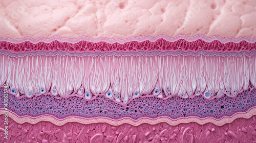 the wall has a mucosa with simple columnar epithelium, submucosa, smooth muscle with inner circular and outer longitudinal layers, and serosa.