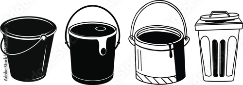 Set of Paint Bucket and Trash Can Silhouettes Vector illustration