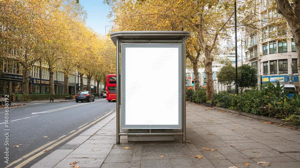 Blank billboard at bus stop with red double-decker bus on autumn city street with fallen leaves