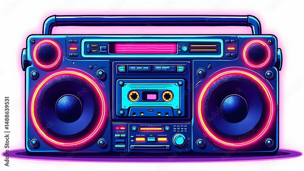 Fototapeta premium Retro boombox with cassette tape player glowing in neon colors, vibrant and energetic style cartoon illustration