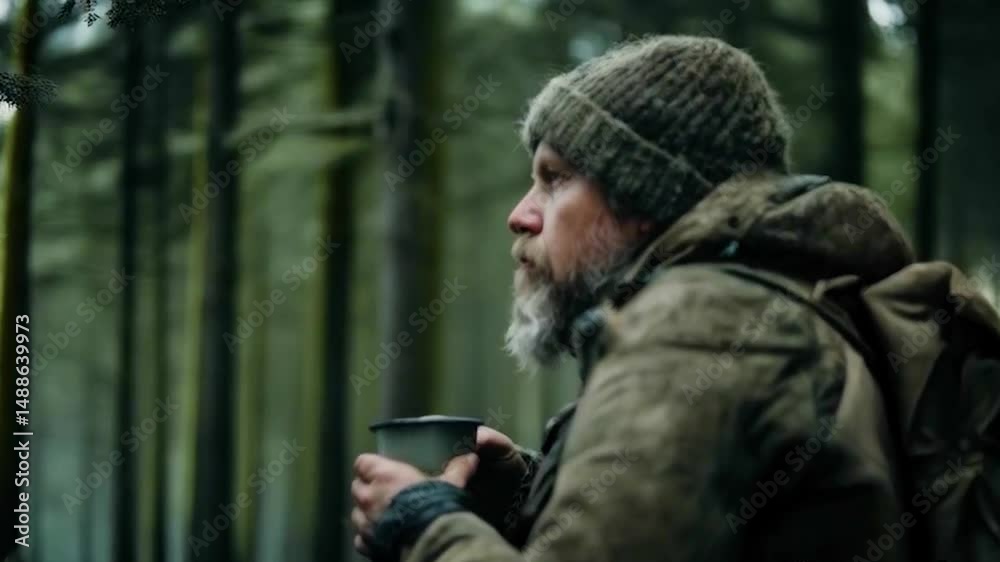 Man drinking coffee in the forest wearing hiking gear Man drinking coffee in the forest wearing hiking gear