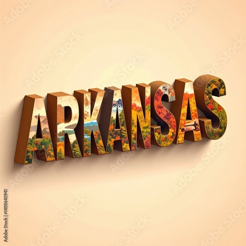 Arkansas typography with nature scenes on beige background
