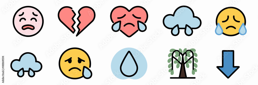 Naklejka premium Sadness icon sheet with crying faces, broken heart, and tear symbols – Great for mental health content, emotional expression design, or therapy resources.