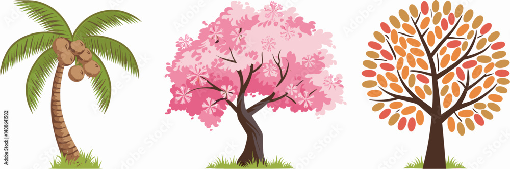 Fototapeta premium Summer tree icons with palm, cherry blossom, and orange foliage – Perfect for travel themes, tropical branding, or summer merchandise