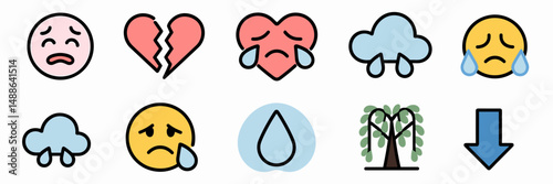 Sadness icon sheet with crying faces, broken heart, and tear symbols – Great for mental health content, emotional expression design, or therapy resources.