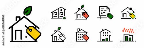 House icon with green leaf and price tag plus real estate icons in grid – Perfect for eco-friendly homes, property sales, or sustainable housing campaigns