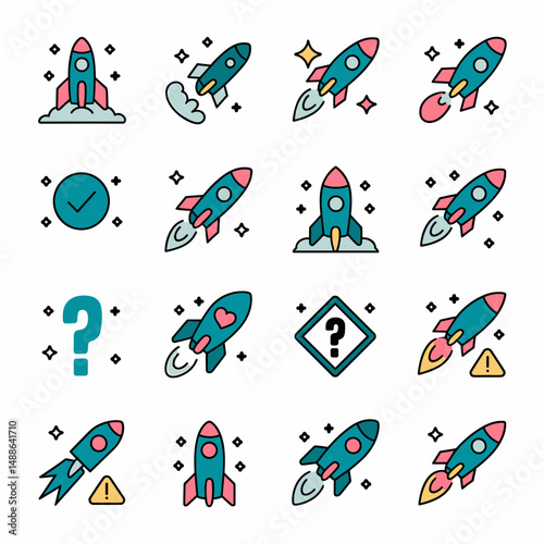 Vector icon set of rocket science illustrations in grid layout – Perfect for UI design, educational tools, or tech communication