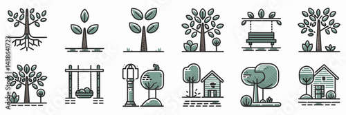 Vector icon sheet of tree planting and nature symbols – Great for environmental campaigns, gardening apps, or sustainability projects