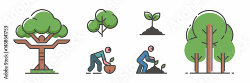 Reforestation icon sheet with tree planter, sprout, and tree with arms – Perfect for environmental outreach, conservation materials, or nature-focused design
