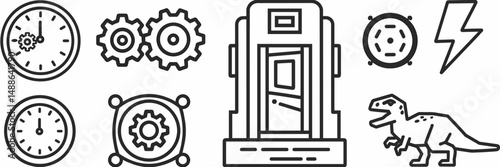 Vector icon sheet of time travel symbols – Perfect for science fiction themes, educational resources, or concept art