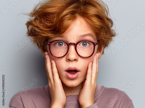 Boy with red hair surprised in glasses for vision on light gray background