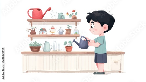 Young Gardener Watering Plants: Child's Indoor Gardening Illustration