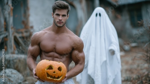 Shirtless Muscular Man Holding Jack-o'-Lantern with Ghost Behind
