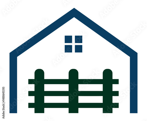 Illustration of a blue house outline with a window and a green fence in front on a white background