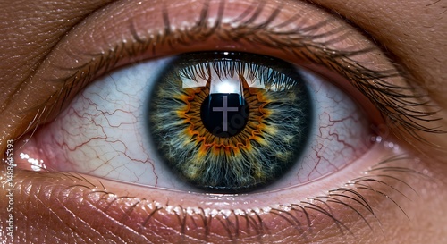 Close Up Human Eye with Cross Symbol Represents Faith Religion Christianity Spirituality Belief Hopeful Vision Redemption and Divine Connection in Spiritual Growth Journey