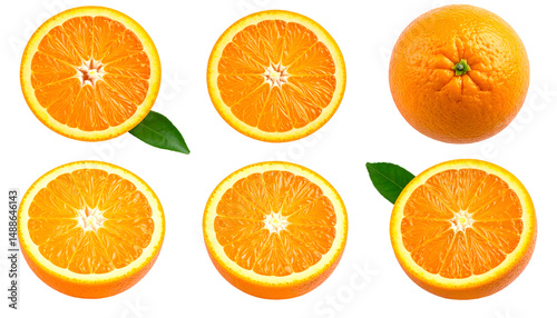 realistic png set of halved orange fruit with juicy vibrant segments, isolated on transparent background, citrus fruit top view with fresh cut textures and green leaves for juice packaging and healthy photo