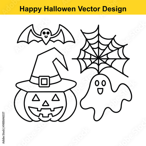 Halloween Vector Icons Set – Pumpkins, Ghost, Witch Hat, Bat, Skull & Spider Web, Haunted House, Witch