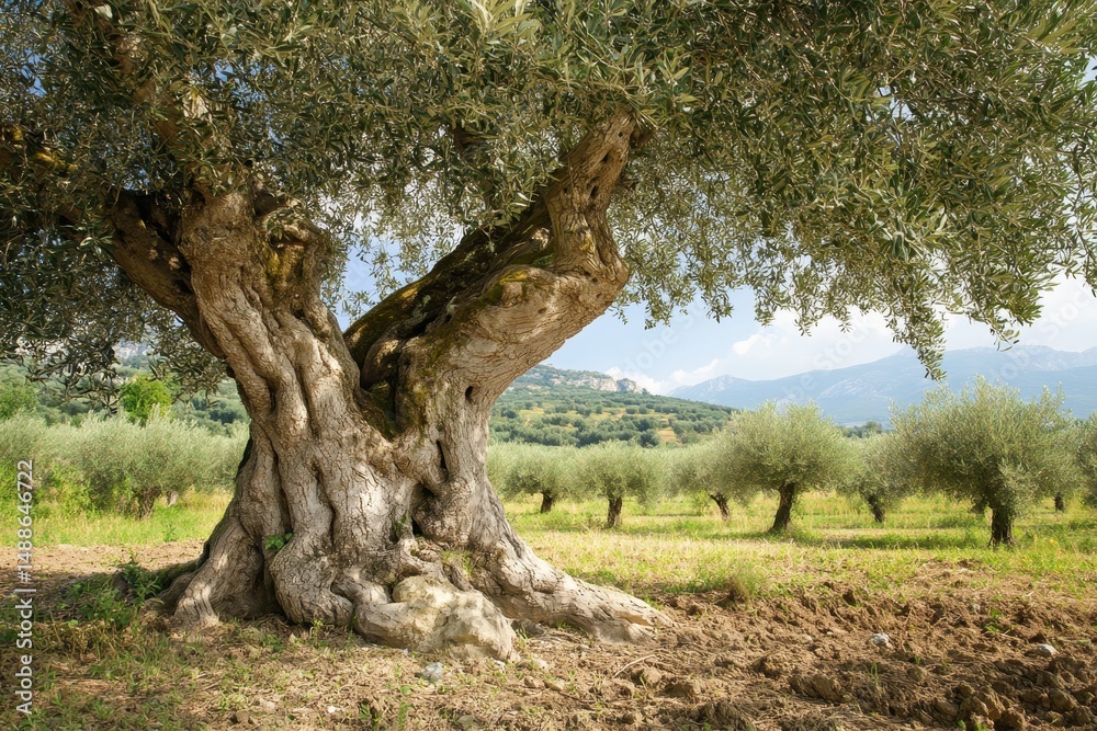 Fototapeta premium Old olive tree stands in a Mediterranean orchard in Greece surrounded by lush greenery, Greece mediterranean old olive tree in orchard