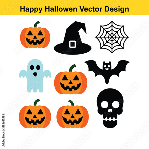 Halloween Vector Icons Set – Pumpkins, Ghost, Witch Hat, Bat, Skull & Spider Web, Haunted House, Witch