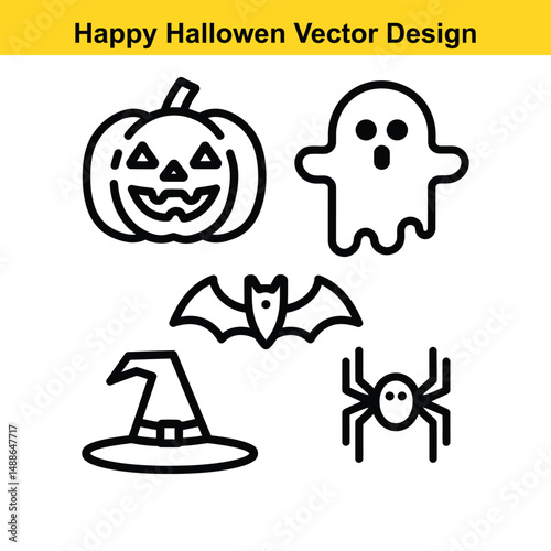 Halloween Vector Icons Set – Pumpkins, Ghost, Witch Hat, Bat, Skull & Spider Web, Haunted House, Witch