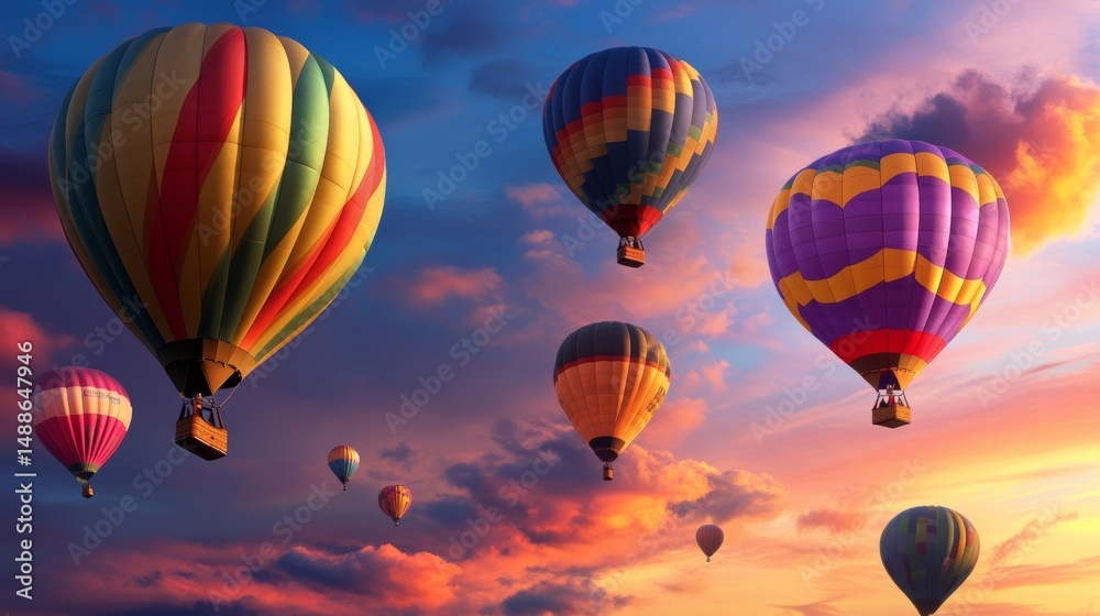 Fototapeta premium A vibrant hot air balloon festival at sunrise, dozens of balloons in various colors and patterns floating gracefully against a pastel sky,