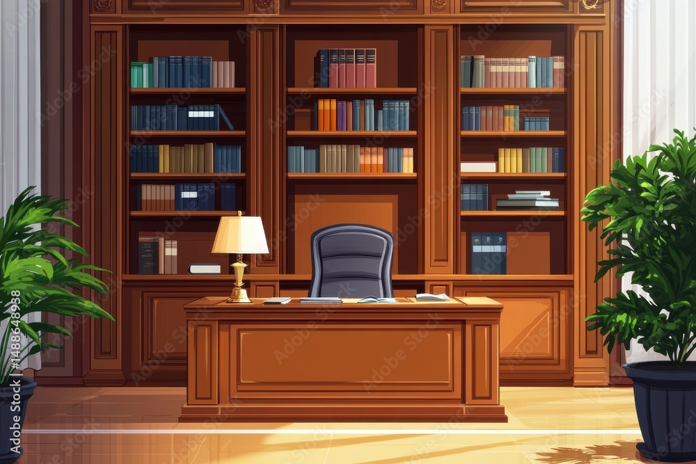 Elegant CEO office interior with anime style bookcase and plants in a welllit setting, CEO office interior with bookcase, anime style, seamless ing Photo background Elegant CEO office interior with anime style bookcase and plants in a welllit setting, CEO office interior with bookcase, anime style, seamless ing Photo background