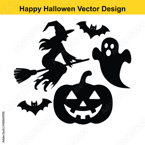 Halloween Vector Icons Set – Pumpkins, Ghost, Witch Hat, Bat, Skull & Spider Web, Haunted House, Witch