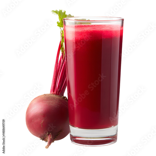 Freshly squeezed beetroot juice is served in a tall glass beside a whole beet with healthy green leaves, isolated against a pure white studio background today.
