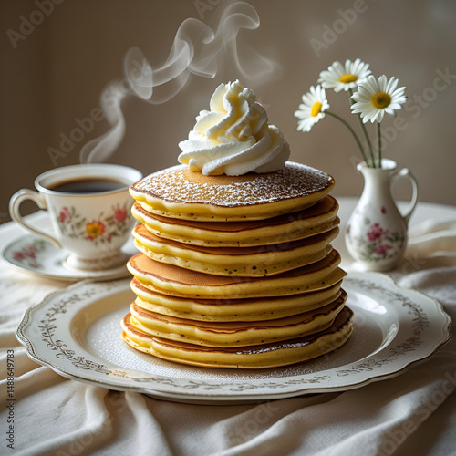 A breakfast tray featuring a stack of pancakes, coffee, and daisies.