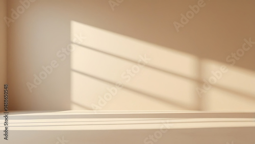 Beige room interior with sunlight and window shadows on the wall