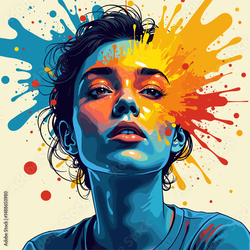 Abstract Vector Portrait: Dynamic Color Splash, Graphic Lines, Vibrant Gradient. Person obscured by blue, yellow, orange paint. Remote Work Creativity and Modern Abstraction. Art for freelancers.