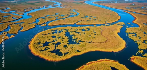 Wallpaper Mural Vast wetlands, meandering river, abundant vegetation, aerial view of San Joaquin River National Wildlife Refuge, wetlands, national wildlife refuge Torontodigital.ca