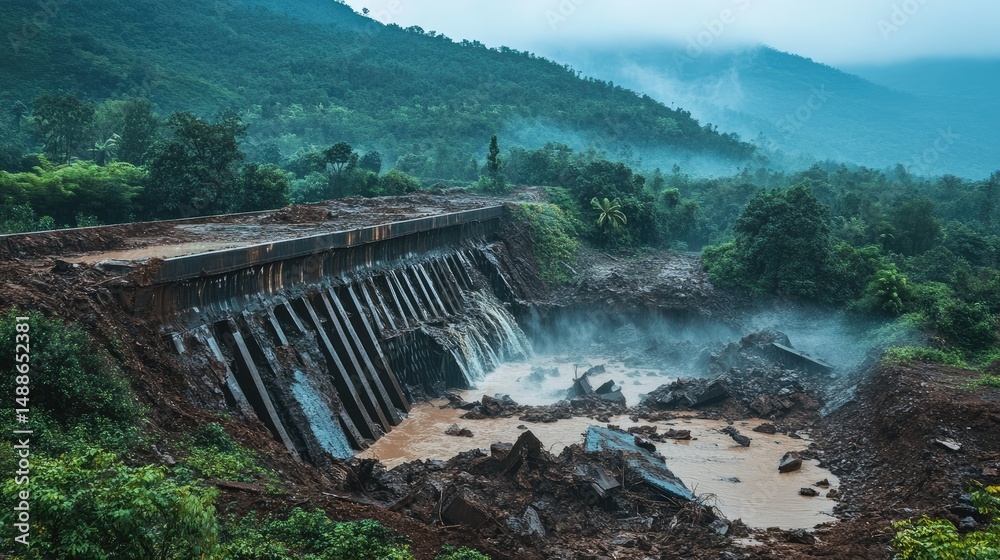 Obraz premium Collapsed dam after heavy rainfall