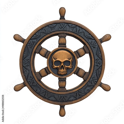 pirate captain's wheel with skull carvings