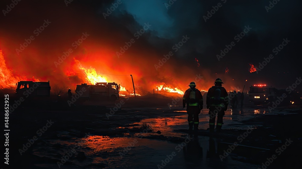 Fototapeta premium Firefighters battling wildfire at night
