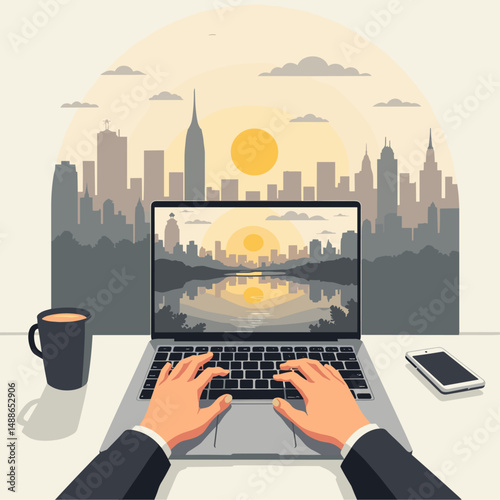 Sunrise Productivity: Minimalist Vector Art of Hands Typing on Laptop Reflecting Cityscape. Symbolizing Remote Work, Urban Life, and New Beginnings. Focus on Work Flexibility.