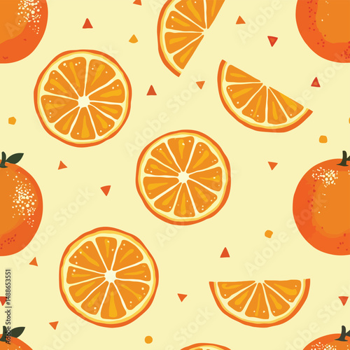 Orange-Themed Illustration with Whole Oranges and Slices on Yellow Background