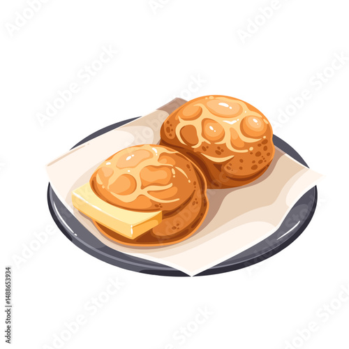 Two pineapple buns with golden crust served on plate, one with slice of butter inside. Popular sweet bakery snack from Hong Kong. Cartoon vector illustration for cafe menu or food design.