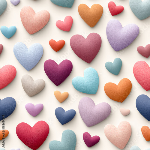 Seamless pattern of colorful textured hearts on soft background in romantic style.