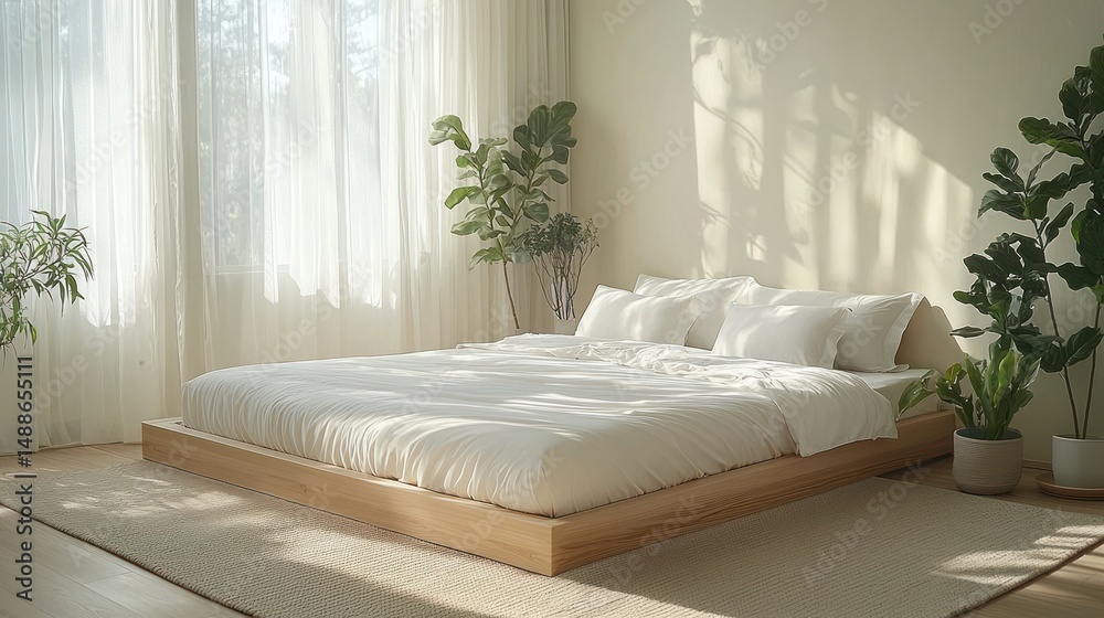 Fototapeta premium Sunlight streams into a serene bedroom