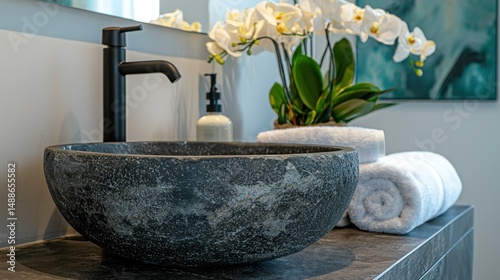 Modern bathroom sink with natural stone basin, spa-like decor