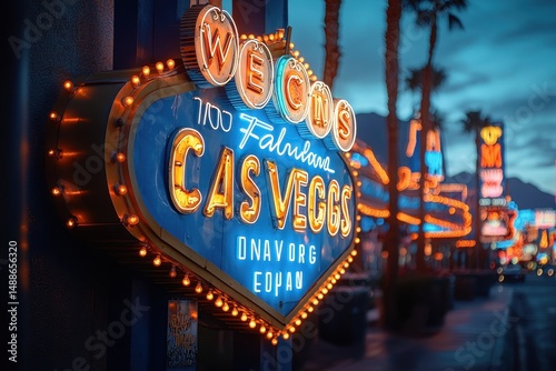 Vintage neon sign illuminates the Las Vegas Strip at dusk with vibrant colors and a lively atmosphere