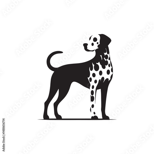 Striking Dalmatian Dog Silhouette Vector Art for Pet Lovers, Digital Clipart, Black and White Spotted Breed Illustration, Printable Dog Graphic for Crafts and Decor.
