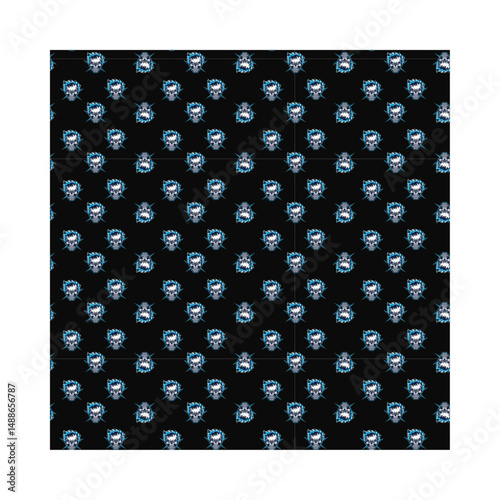 This striking pattern showcases a series of bold skulls with blue flames set against a black background. Perfect for designs that embrace a dark, edgy aesthetic, this pattern is ideal for apparel