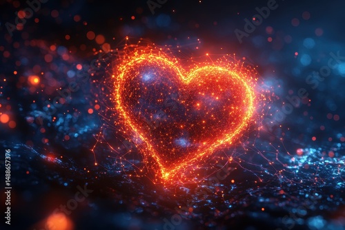 Glowing heart shape illuminated in vibrant colors on dark background with particle effects